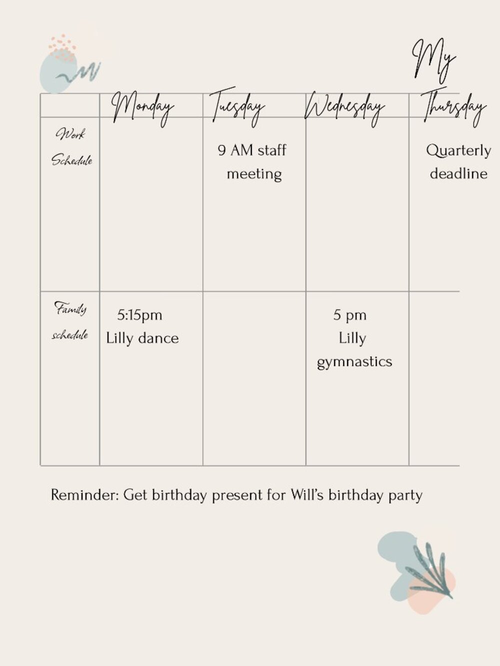 A working mom's weekly planner